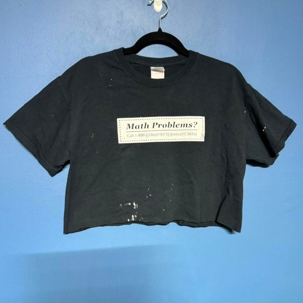 Vintage Math Crop Tee Women's Size Medium Black White Funny Raw Hem Retro Paint
